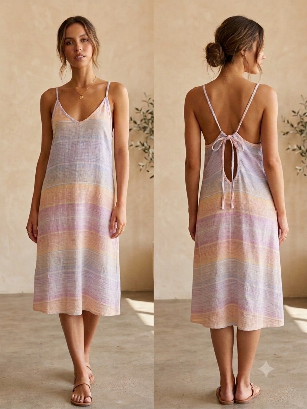 Bobi Linen Cotton Blend Sunset Ombre Strappy Beachy Boho Midi Dress Size Large